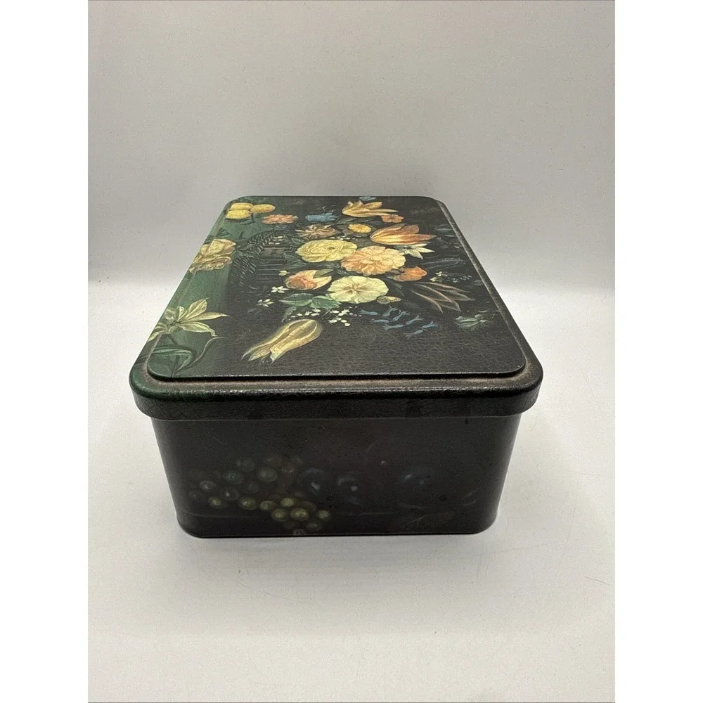 Massilly France Decorative Collectible Tin w/Hinged Lid Black w/Flowers & Fruit‎